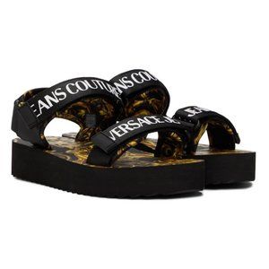 VERSACE JEANS COUTURE Black & Gold Garland Logo Sandals - NEW